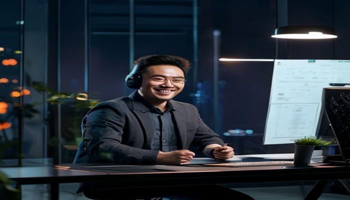 七天探花用户Leon完成七天计划后在工作台前展示成果，背景是深色科技感环境，表情自信满足