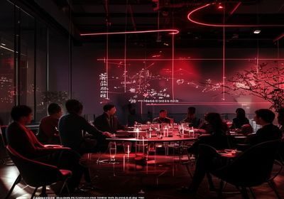 七天探花进阶策略展示，团队在暗色调会议室内研讨探花路径图，酒红色灯光渲染氛围
